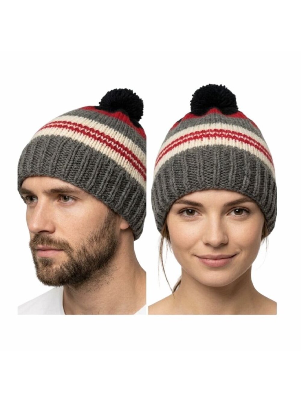 ⭐OZ Adult unisex chunky hat Hand made Knit Pom Pom Adult Beanie stripped Gray⭐